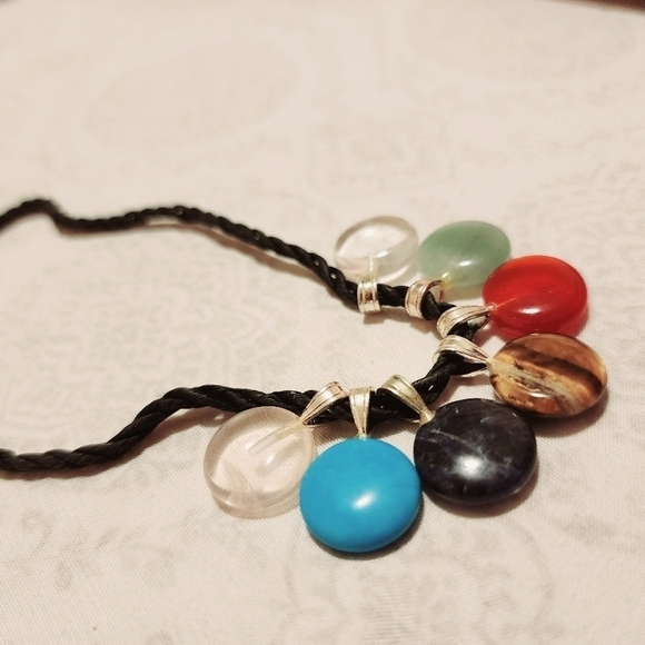 Seven Natural Stone Pendant Necklace on Black Rope Lobster Claw Clasp Quarts EUC - Picture 3 of 10